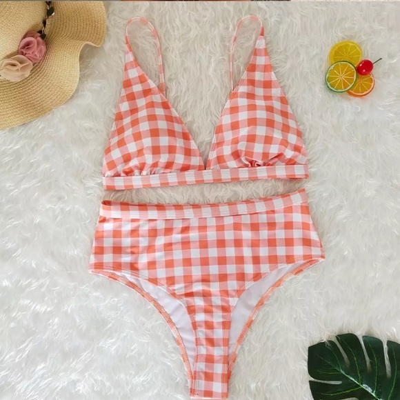 CLEARANCE Orange Gingham High Waisted Bikini Swimsuit - Picture 3 of 4
